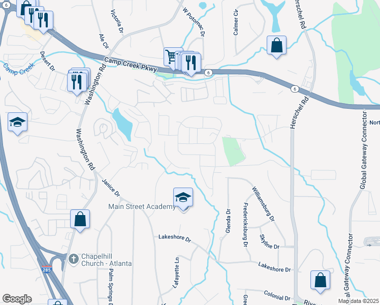 map of restaurants, bars, coffee shops, grocery stores, and more near 2778 Aralynn Way in College Park