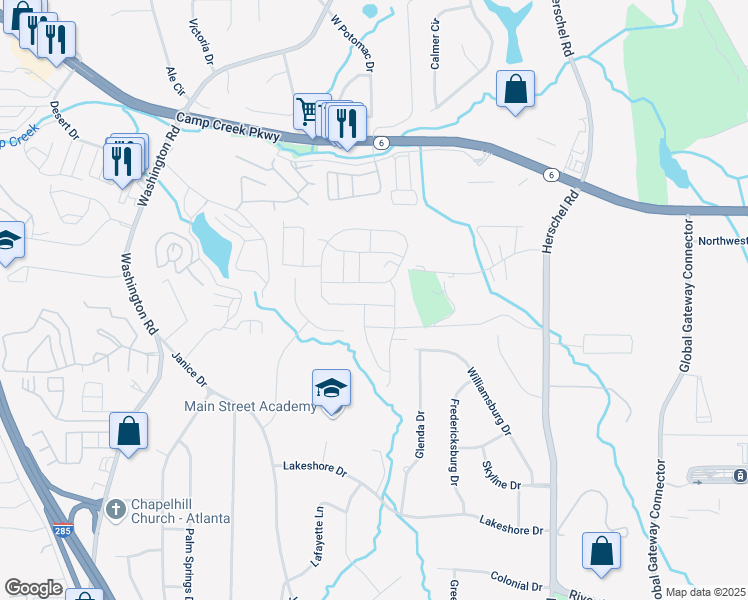 map of restaurants, bars, coffee shops, grocery stores, and more near 2760 Aralynn Way in College Park