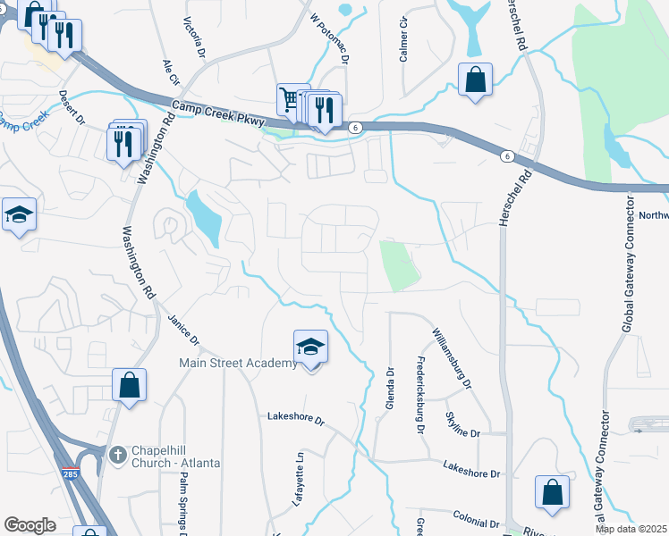 map of restaurants, bars, coffee shops, grocery stores, and more near 2770 Aralynn Way in College Park