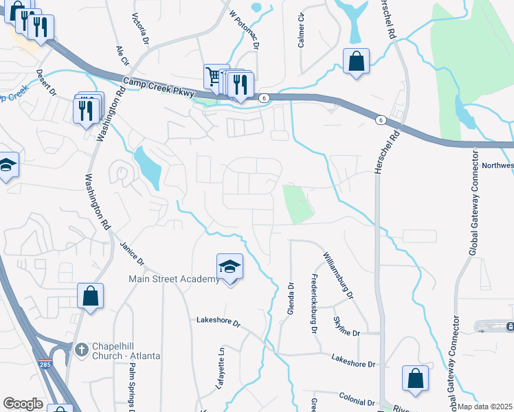 map of restaurants, bars, coffee shops, grocery stores, and more near 2762 Aralynn Way in College Park