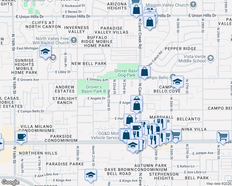 map of restaurants, bars, coffee shops, grocery stores, and more near 17613 North Bluebird Lane in Phoenix