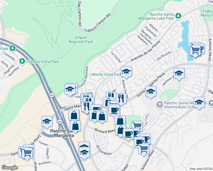 map of restaurants, bars, coffee shops, grocery stores, and more near 42d Avenida de las Flores in Rancho Santa Margarita