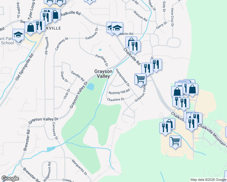 map of restaurants, bars, coffee shops, grocery stores, and more near 2271 Cheshire Drive in Birmingham