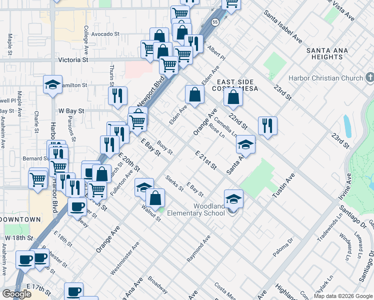 map of restaurants, bars, coffee shops, grocery stores, and more near 2094 Orange Avenue in Costa Mesa