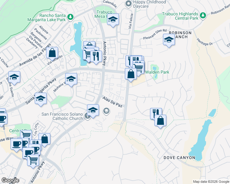 map of restaurants, bars, coffee shops, grocery stores, and more near 36 Via Amistosa in Rancho Santa Margarita