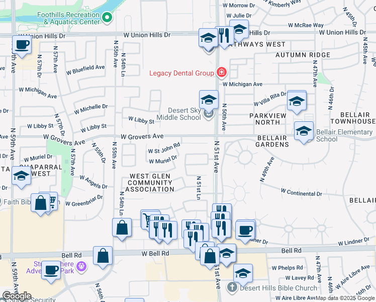 map of restaurants, bars, coffee shops, grocery stores, and more near 5186 West Muriel Drive in Glendale