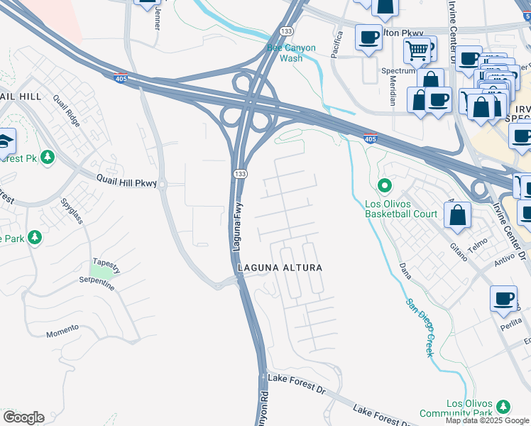 map of restaurants, bars, coffee shops, grocery stores, and more near 41 Lupari in Irvine