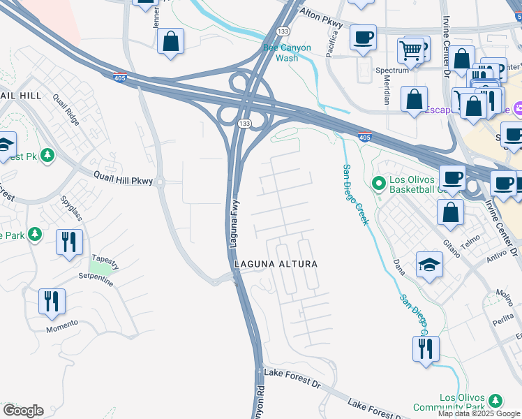 map of restaurants, bars, coffee shops, grocery stores, and more near 41 Lupari in Irvine