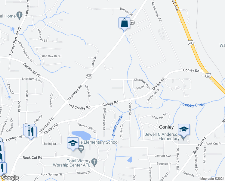 map of restaurants, bars, coffee shops, grocery stores, and more near 1401 Azalea Drive in Conley