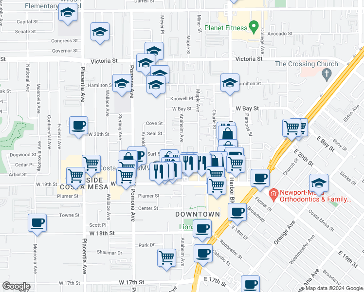map of restaurants, bars, coffee shops, grocery stores, and more near Anaheim Avenue in Costa Mesa