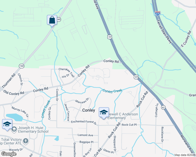 map of restaurants, bars, coffee shops, grocery stores, and more near 1625 Conley Road in Conley