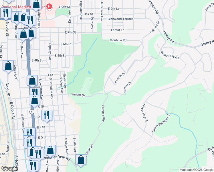 map of restaurants, bars, coffee shops, grocery stores, and more near 97 Fairway Drive in Anniston