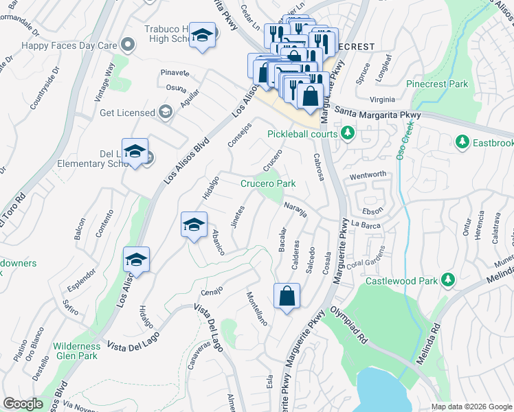 map of restaurants, bars, coffee shops, grocery stores, and more near 21825 Calabaza in Mission Viejo