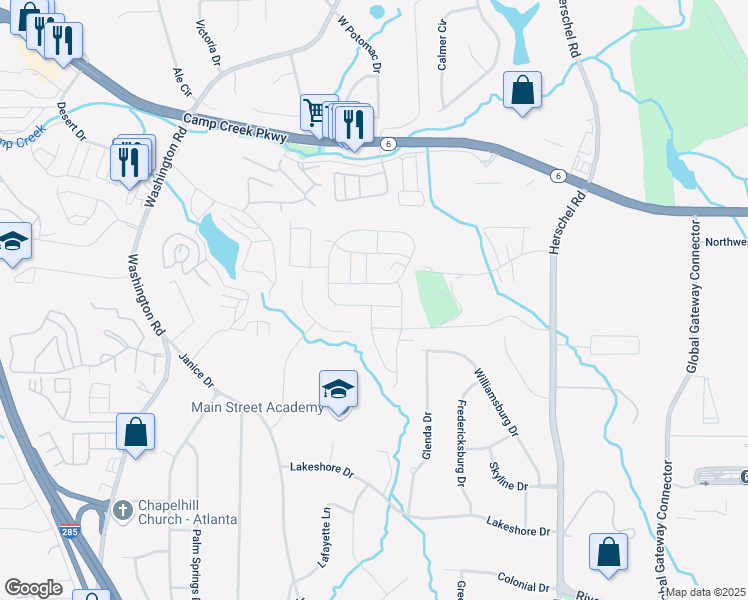 map of restaurants, bars, coffee shops, grocery stores, and more near 2764 Aralynn Way in College Park