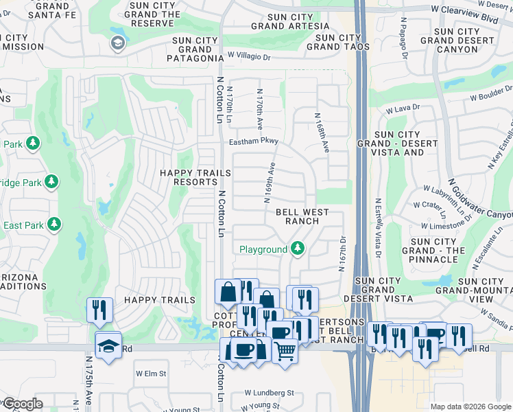 map of restaurants, bars, coffee shops, grocery stores, and more near 16963 West Tonbridge Street in Surprise