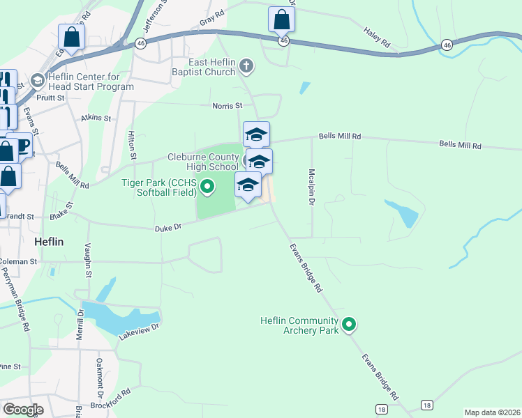 map of restaurants, bars, coffee shops, grocery stores, and more near 706 Duke Drive in Heflin
