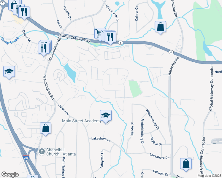 map of restaurants, bars, coffee shops, grocery stores, and more near 2776 Aralynn Way in College Park