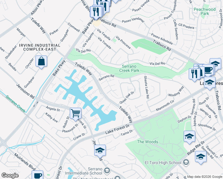 map of restaurants, bars, coffee shops, grocery stores, and more near 21711 Lake Vista Drive in Lake Forest
