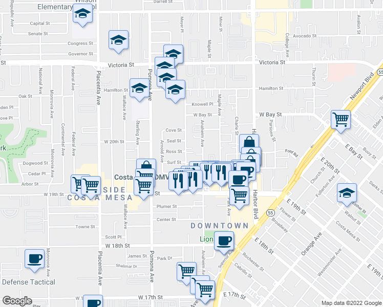 map of restaurants, bars, coffee shops, grocery stores, and more near 1989 Anaheim Avenue in Costa Mesa