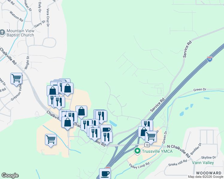 map of restaurants, bars, coffee shops, grocery stores, and more near 6479 Misty Ridge Drive in Birmingham