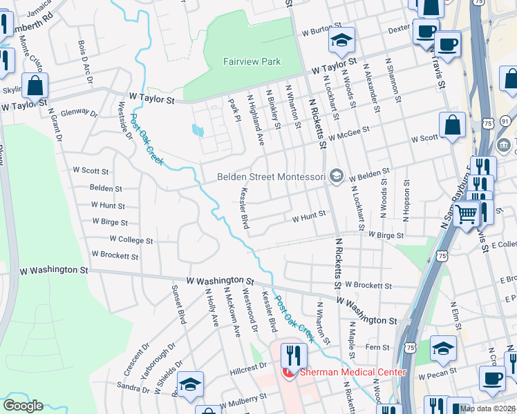 map of restaurants, bars, coffee shops, grocery stores, and more near 1011 West Belden Street in Sherman