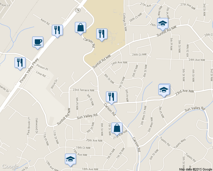map of restaurants, bars, coffee shops, grocery stores, and more near 2337 Carson Road in Birmingham