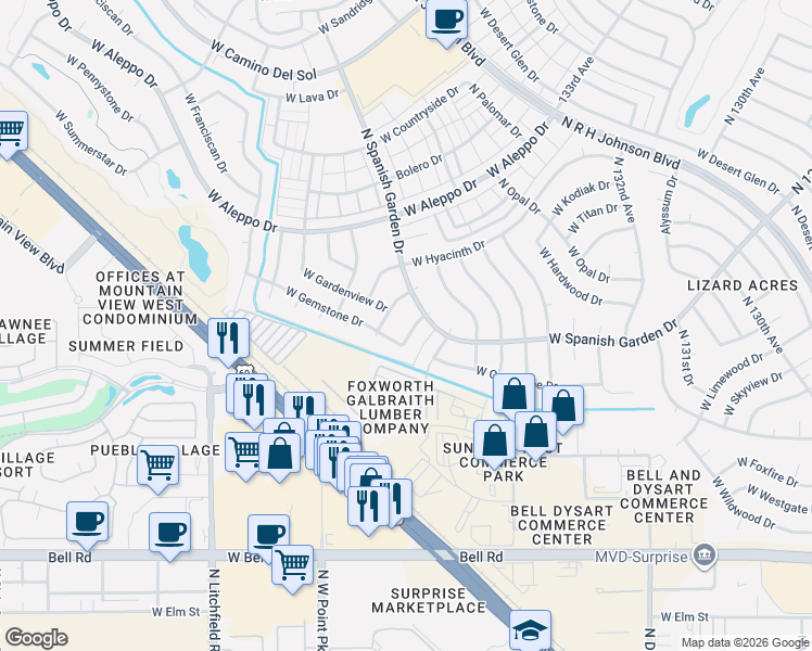 map of restaurants, bars, coffee shops, grocery stores, and more near 17618 North Bobwhite Drive in Sun City West