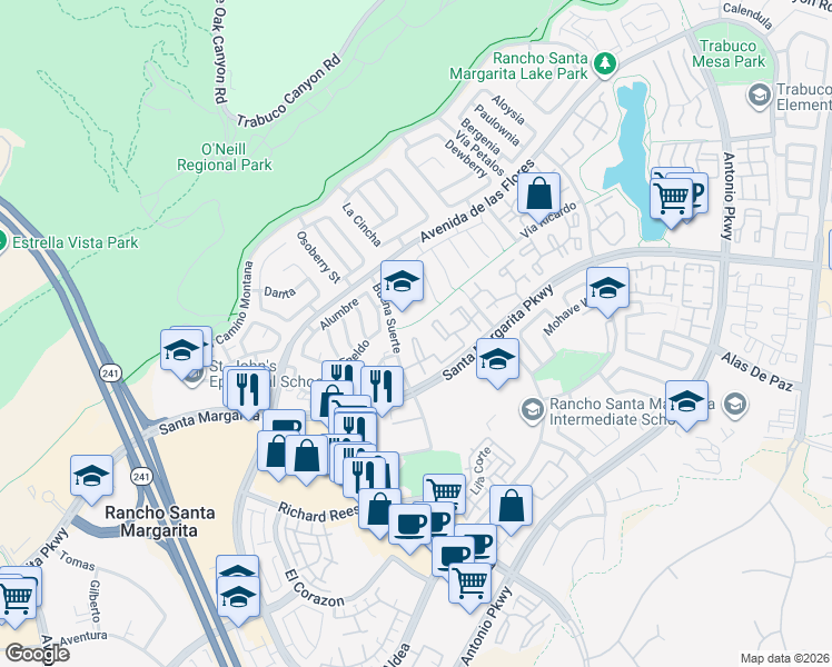 map of restaurants, bars, coffee shops, grocery stores, and more near 7 De Lila in Rancho Santa Margarita