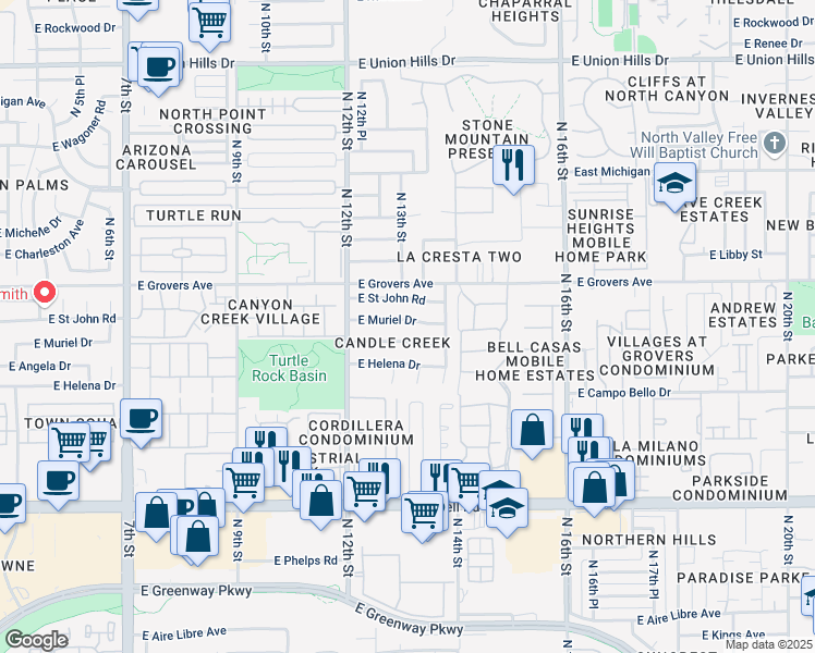 map of restaurants, bars, coffee shops, grocery stores, and more near 1314 East Muriel Drive in Phoenix