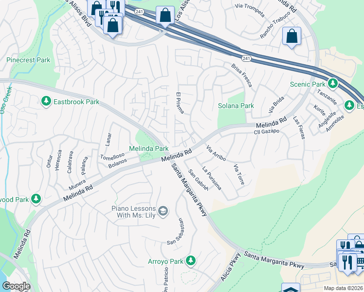 map of restaurants, bars, coffee shops, grocery stores, and more near 32 Via Madera in Rancho Santa Margarita