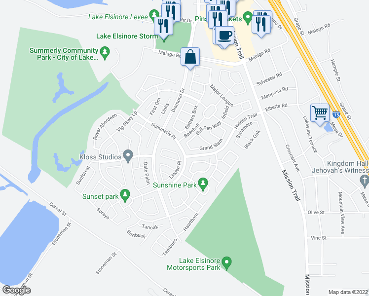 map of restaurants, bars, coffee shops, grocery stores, and more near 29282 Grand Slam in Wildomar
