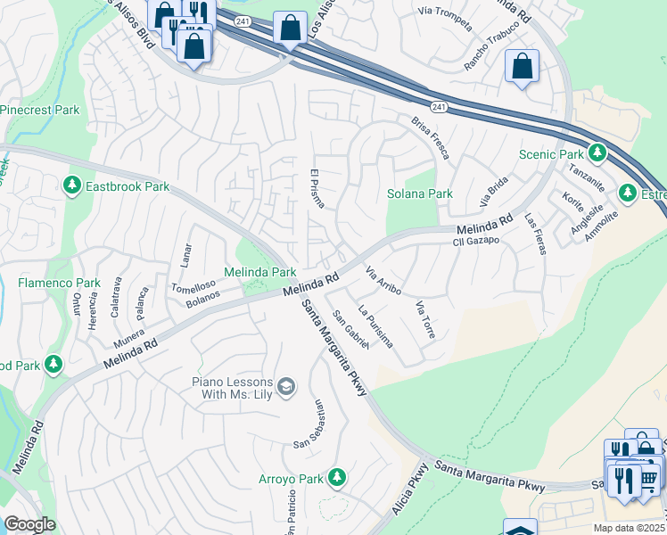map of restaurants, bars, coffee shops, grocery stores, and more near 44 Via Madera in Rancho Santa Margarita