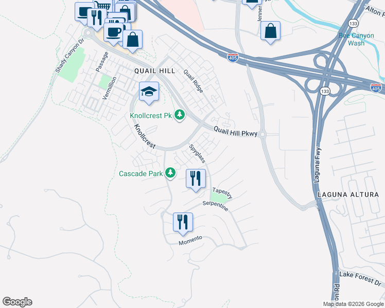 map of restaurants, bars, coffee shops, grocery stores, and more near 143 Tall Oak in Irvine