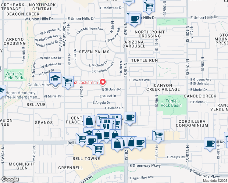 map of restaurants, bars, coffee shops, grocery stores, and more near 613 East Saint John Road in Phoenix