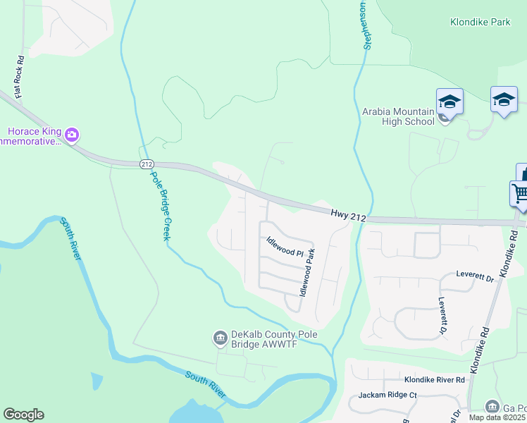 map of restaurants, bars, coffee shops, grocery stores, and more near 6133 Idlewood Manor in Stonecrest