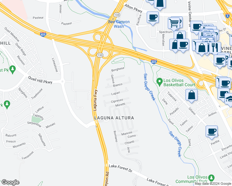 map of restaurants, bars, coffee shops, grocery stores, and more near Lupari in Irvine