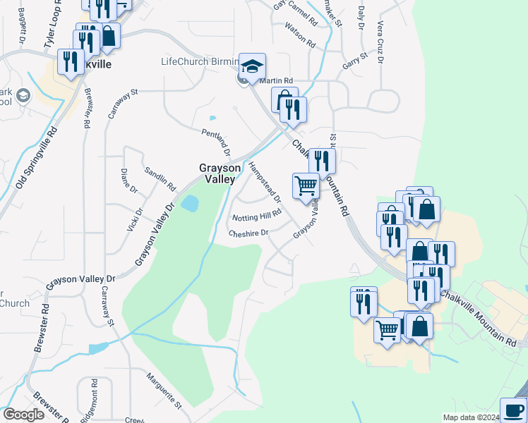 map of restaurants, bars, coffee shops, grocery stores, and more near 5446 Notting Hill Road in Birmingham