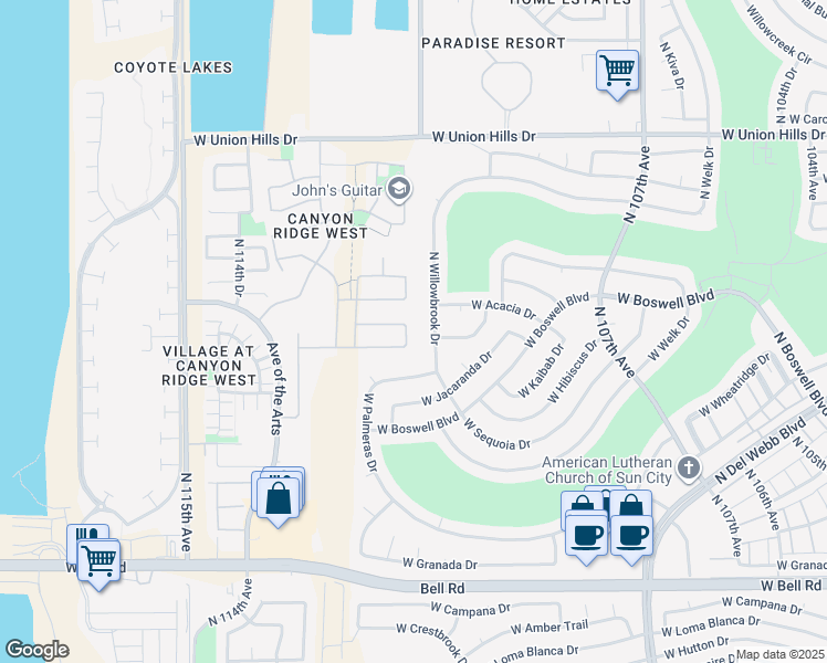 map of restaurants, bars, coffee shops, grocery stores, and more near 17921 North 111th Drive in Surprise