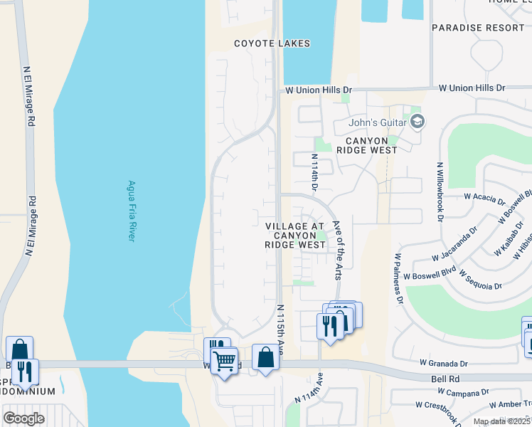 map of restaurants, bars, coffee shops, grocery stores, and more near 11517 West Bobcat Court in Surprise