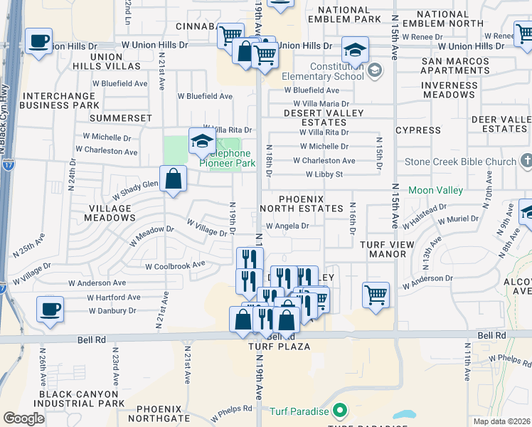 map of restaurants, bars, coffee shops, grocery stores, and more near 17609 North 19th Avenue in Phoenix