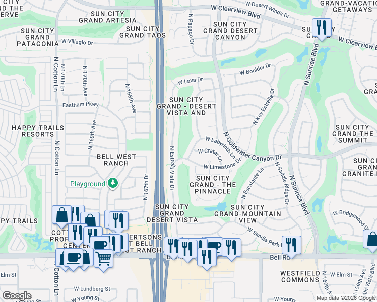 map of restaurants, bars, coffee shops, grocery stores, and more near 17852 North Bridle Lane in Surprise