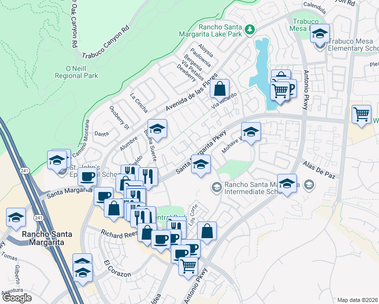 map of restaurants, bars, coffee shops, grocery stores, and more near 51 Leonado in Rancho Santa Margarita