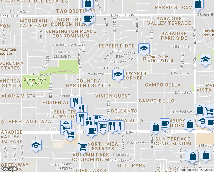 map of restaurants, bars, coffee shops, grocery stores, and more near 17605 North 25th Place in Phoenix