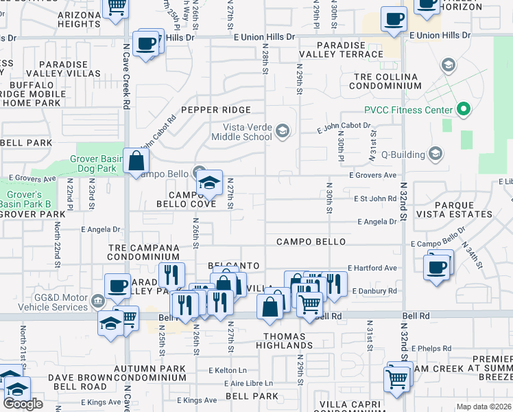 map of restaurants, bars, coffee shops, grocery stores, and more near 17626 N 27th St in Phoenix