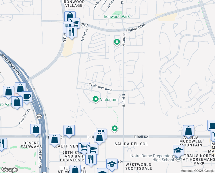 map of restaurants, bars, coffee shops, grocery stores, and more near 9313 East Desert Arroyos in Scottsdale