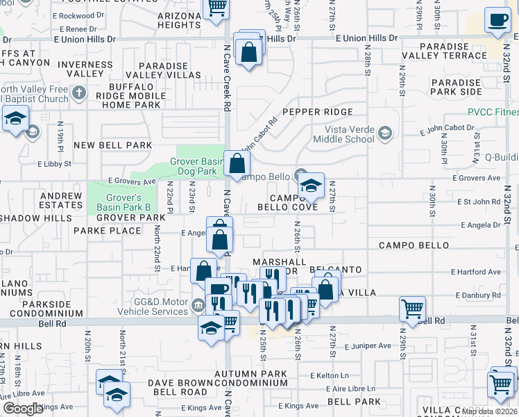 map of restaurants, bars, coffee shops, grocery stores, and more near 2450 East Contention Mine Road in Phoenix