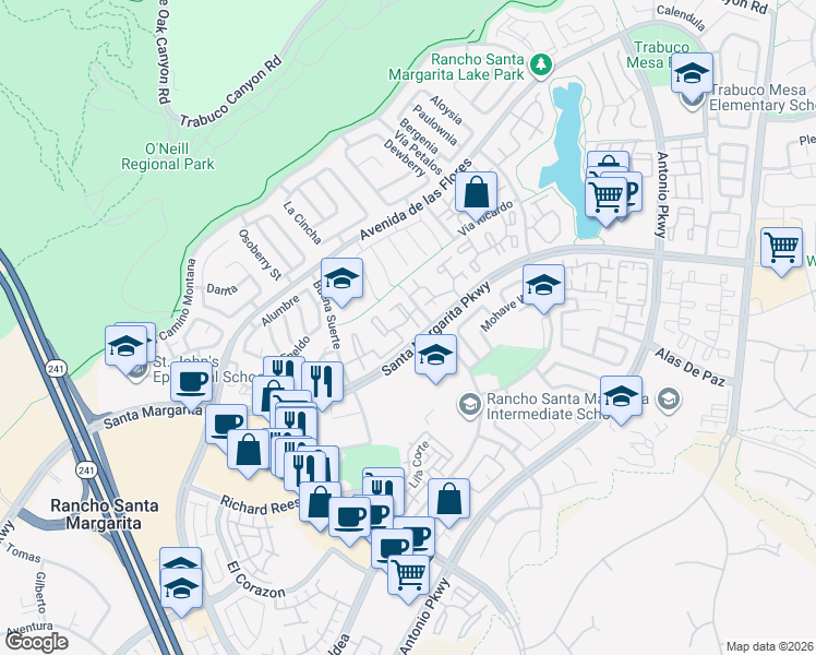 map of restaurants, bars, coffee shops, grocery stores, and more near 51 Leonado in Rancho Santa Margarita