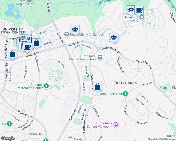 map of restaurants, bars, coffee shops, grocery stores, and more near 18816 Saginaw Drive in Irvine