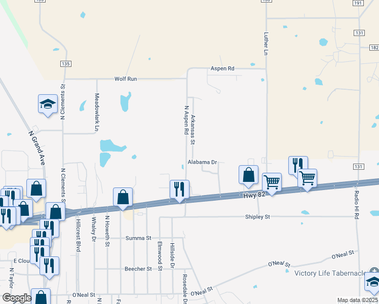 map of restaurants, bars, coffee shops, grocery stores, and more near 1808 Arkansas Street in Gainesville