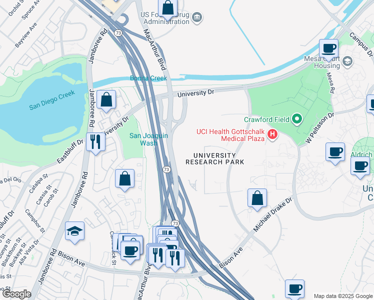 map of restaurants, bars, coffee shops, grocery stores, and more near 121 Innovation Drive in Irvine